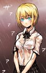  blonde_hair blue_eyes blush bra expressionless highres kotoba_noriaki original rain see-through shirt short_hair sketch solo underwear wet wet_clothes wet_shirt 