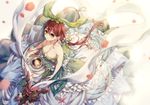  bangs bare_shoulders braid breasts brown_eyes cleavage closed_mouth dress flower frilled_dress frills from_above granblue_fantasy hair_between_eyes hair_flower hair_ornament large_breasts leaf leaf_on_head long_hair low_twintails motion_blur petals plant_girl pointy_ears red_hair sleeveless solo twintails very_long_hair white_flower yggdrasil_(granblue_fantasy) yoshikanakamura 