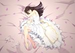  absurdres armpits bare_shoulders barefoot blue_eyes breasts brown_hair cleavage dress glass_slipper grandgua highres large_breasts legs long_hair lying on_side petals shoes_removed smile solo toe-point wedding_dress 