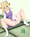  :d blonde_hair blue_eyes blush commentary_request dress frog full-face_blush hat highres legs looking_at_viewer moriya_suwako nervous_smile nyako_(hitsuzineko3) open_mouth partially_visible_vulva smile socks solo spread_legs sweat touhou 
