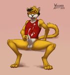  2015 bottomless cat clothed clothing cum eyes_closed feline half-dressed male mammal open_mouth penis rajak shirt tank_top wagnermutt 
