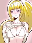  3: blonde_hair blush bra breasts cleavage collarbone embarrassed gundam gundam_tekketsu_no_orphans kudelia_aina_bernstein large_breasts long_hair long_sleeves ponytail purple_eyes shirt_lift solo sweatdrop tonbi underwear 