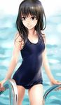  bangs bare_arms bare_shoulders black_eyes black_hair blush breasts collarbone cowboy_shot eyebrows_visible_through_hair katahira_masashi long_hair looking_away looking_to_the_side medium_breasts old_school_swimsuit one-piece_swimsuit original pool pool_ladder school_swimsuit smile solo swimsuit water wet 