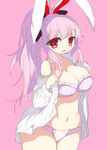  alternate_hairstyle amii animal_ears bad_id bad_pixiv_id blush bra breasts bunny_ears curvy hair_ribbon heart heart-shaped_pupils large_breasts lavender_hair long_hair long_sleeves midriff mole mole_on_breast navel no_pants open_clothes open_mouth open_shirt panties pink_background ponytail red_eyes reisen_udongein_inaba ribbon round_teeth shirt simple_background smile solo symbol-shaped_pupils teeth touhou underwear wide_hips 