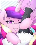  2015 animal_genitalia balls equine erection female feral friendship_is_magic hoofjob horn horsecock looking_at_viewer male mammal my_little_pony one_eye_closed penis princess_cadance_(mlp) sex smile thebatfang winged_unicorn wings wink 