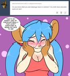  anthro big_breasts blue_hair blush breasts english_text eyes_closed eyewear female freckles fur glasses hair huge_breasts jasmine_(skidd) long_hair mammal mouse rodent skidd smile solo text white_fur 