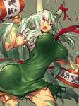  bouncing_breasts breasts contrapposto dress ex-keine fang green_dress green_hair highres horn_ribbon horns huge_breasts kamishirasawa_keine long_hair looking_at_viewer melon22 multicolored_hair open_mouth red_eyes red_ribbon ribbon short_dress solo standing touhou two-tone_hair white_hair 