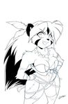  anthro bear big_breasts breasts chalo chest_tuft clothed clothing dischordia facial_markings feathers female fur hair las_lindas long_hair mammal markings melee_weapon monochrome panda sketch sword tuft weapon 