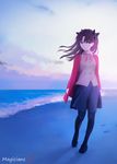  bad_id bad_pixiv_id beach blue_eyes brown_hair collar command_spell contrapposto fate/stay_night fate_(series) footprints highres jacket long_hair looking_at_viewer magicians_(zhkahogigzkh) pantyhose skirt solo standing toosaka_rin two_side_up vest walking 