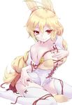  animal_ears blonde_hair braid breasts bunny_ears capelet cleavage hair_ornament hand_on_own_chest highres large_breasts long_hair looking_at_viewer nachetanya_loei_piena_augustra otaki55 red_eyes rokka_no_yuusha smile solo thighhighs white_background white_legwear 