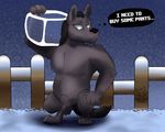  anthro balls black_hair blue_eyes canine dialogue english_text hair ice_wolf_(undertale) male mammal muscular nude outside sheath text undertale video_games walter9433_(artist) wolf 