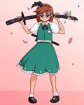 black_hairband blue_eyes brown_hair cherry_blossoms commentary cosplay full_body glasses gradient gradient_background gretchen_(phineas_and_ferb) hairband holding holding_weapon kanraku_shi katana konpaku_youmu konpaku_youmu_(cosplay) looking_at_viewer mary_janes parody petals phineas_and_ferb pink_background puffy_short_sleeves puffy_sleeves ribbon round_eyewear shirt shoes short_hair short_sleeves simple_background skirt skirt_set solo standing sword touhou vest wakizashi weapon 