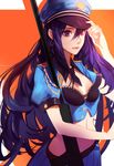  blue_skirt breasts caitlyn_(league_of_legends) cleavage closed_mouth earrings hair_between_eyes hand_on_headwear hat hoop_earrings jewelry lace league_of_legends long_hair mconch midriff necktie officer_caitlyn puffy_short_sleeves puffy_sleeves purple_eyes purple_hair short_sleeves skirt small_breasts solo very_long_hair 