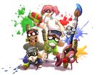  5boys beanie domino_mask dororo_(keroro_gunsou) double_vertical_stripe frog full_body giroro goggles goggles_on_head gym_uniform hat headphones highres hinata_natsumi holding holding_weapon ink_tank_(splatoon) inkbrush_(splatoon) keroro keroro_gunsou kururu_(keroro_gunsou) looking_at_another looking_back mask multiple_boys open_mouth paint_splatter pink_hair red_eyes red_hair sen-jou shirt shoes short_hair shorts smile sneakers splatoon_(series) splatoon_1 splattershot_(splatoon) standing super_soaker sweatdrop tamama twintails war_paint weapon white_background white_shirt wristband 