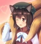  :d animal_ears bad_id bad_pixiv_id blush brown_hair cat_ears chen fox_tail gradient gradient_background hat heart highres jewelry long_sleeves mikomiko_(mikomikosu) mob_cap multiple_girls multiple_tails one_eye_closed open_mouth orange_eyes out_of_frame ribbon shirt short_hair single_earring smile solo_focus tail touhou upper_body vest yakumo_ran 