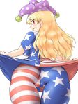 :p american_flag_dress american_flag_legwear ass blonde_hair bondo breasts cameltoe clownpiece dress dress_lift from_behind hat highres jester_cap large_breasts long_hair looking_at_viewer looking_back pantyhose pussy red_eyes skin_tight solo striped striped_legwear thigh_gap tongue tongue_out touhou 