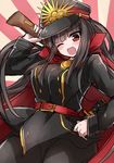  ;d belt black_hair blush breasts cape commentary_request fate_(series) hand_on_hip hat katana koha-ace large_breasts long_hair military military_uniform oda_nobunaga_(fate) ohitashi_netsurou one_eye_closed open_mouth peaked_cap red_eyes smile solo sunburst sword uniform very_long_hair weapon 