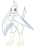  avian beak bird breasts chatot claws feathers female looking_at_viewer nintendo nipples nude open_mouth pok&eacute;mon posexe pussy simple_background smile solo video_games white_background wings 