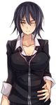  bad_id bad_pixiv_id blush breasts burai_yuuki cardigan checkered checkered_neckwear cleavage collarbone hand_on_hip highres kantai_collection large_breasts long_sleeves looking_at_viewer necktie no_eyepatch no_gloves no_headgear one_eye_closed purple_hair school_uniform short_hair simple_background sketch solo tenryuu_(kantai_collection) upper_body white_background yellow_eyes 