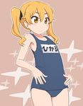  blonde_hair eyebrows hikaru_(houkago_no_pleiades) houkago_no_pleiades long_hair name_tag old_school_swimsuit one-piece_swimsuit school_swimsuit smile solo swimsuit tomboo twintails yellow_eyes 