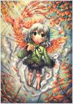  :o ahoge artist_name autumn_leaves barefoot bird blush border candy emperpep fantasy feathers food from_above green_eyes grey_hair hair_feathers hair_ornament highres lollipop long_sleeves looking_up nail_polish original phoenix phoenix_wings ribbon solo tile_floor tiles traditional_media watercolor_(medium) 