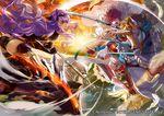 armor ass axe battle black_panties boots breasts camilla_(fire_emblem_if) cape dragon duel feathers fire fire_emblem fire_emblem_cipher fire_emblem_if fur_trim gloves glowing glowing_eyes hair_over_one_eye headset hinoka_(fire_emblem_if) holding holding_sword holding_weapon japanese_armor lance long_hair marzia_(fire_emblem_if) mayo_(becky2006) medium_breasts multiple_girls naginata official_art outdoors panties pegasus pegasus_knight pointing polearm purple_hair red_eyes red_gloves red_hair riding sky sword text_focus thigh_boots thighhighs underwear weapon wind wyvern 