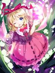  blonde_hair blue_eyes bow flower hair_bow hair_ornament hair_ribbon highres lily_of_the_valley looking_at_viewer makuwauri mary_janes medicine_melancholy one_eye_closed open_mouth ribbon shirt shoes short_hair short_sleeves skirt smile socks solo su-san touhou 