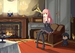  1girl :t absurdres black_hair breasts candelabra candle chibi cleavage drill_hair fire fireplace grandgua highres long_hair louise_francoise_le_blanc_de_la_valliere off_shoulder phonograph pink_hair small_breasts table tablecloth thighhighs yellow_eyes zero_no_tsukaima 