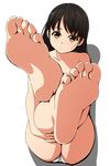  barefoot black_hair blush brown_eyes eyebrows_visible_through_hair feet foreshortening full_body highres leg_hug legs_up long_hair lying matsunaga_kouyou no_bra on_back original panties pov_feet shadow soles solo toes topless underwear white_background 