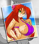  anthro big_breasts bikini breasts brown_fur canine clothing female fox fur gloria_bourne green_eyes hair huge_breasts jenny_bourne mammal markings mastergodai red_hair rodent smile solo squirrel swimsuit 