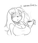  anthro beverage big_breasts black_nose breasts canine clothed clothing collar english_text eyes_closed female food fox fur fyxe fyxe_(artist) hair huge_breasts long_hair mammal monochrome open_mouth piercing solo tea text 