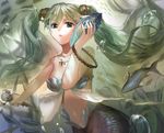  air_bubble aqua_eyes bangle bangs bracelet breasts bubble cowboy_shot daible fish floating_hair green_hair hair_tubes hatsune_miku highres holding holding_microphone jewelry long_hair looking_at_viewer medium_breasts mermaid microphone monster_girl navel necklace ocean parted_lips pendant scales seashell seashell_bra shell shell_to_ear shinkai_shoujo_(vocaloid) solo sparkle tuna twintails underwater vocaloid 