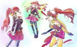  armor bare_shoulders black_leggings breastplate breasts choker dual_persona elbow_gloves forehead_protector gloves green_eyes helpyourselfish iesupa long_hair ponytail pyrrha_nikos red_hair rwby school_uniform shield skirt spear twintails weapon weapons 