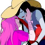  adventure_time axe black_hair closed_eyes fangs grey_skin guitar hand_on_another's_face hat imminent_kiss instrument marceline_abadeer multiple_girls open_mouth pink_hair pink_skin princess_bonnibel_bubblegum ribbon satoyoshi_fuyou shade smile weapon yuri 