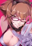  bespectacled brown_hair glasses gloves green_eyes heart kantai_collection mutsu_(kantai_collection) one_eye_closed parted_lips pink-framed_eyewear pokimari short_hair smile solo white_gloves 