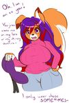  anthro big_breasts black_nose bra breasts canine clothed clothing english_text female fox fur fyxe fyxe_(artist) hair huge_breasts long_hair mammal multicolored_fur multicolored_hair open_mouth orange_fur purple_eyes purple_hair red_hair solo sweater text thick_thighs two_tone_fur two_tone_hair underwear white_fur wide_hips 