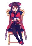  black_hair black_legwear chair cup full_body hair_ribbon japanese_clothes kimono long_sleeves looking_at_viewer obi open_mouth original red_eyes ribbon sash saucer simple_background sitting solo teacup thighhighs white_background wide_sleeves yasumo_(kuusouorbital) zettai_ryouiki 