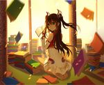  barefoot book book_stack brown_hair dress full_body gloves green_eyes half_gloves holding holding_book lan_jue long_hair long_sleeves looking_back open_book original petals pillar red_gloves seiza sitting smile solo sunlight twintails vest white_dress 