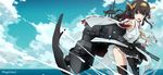  artist_name bad_id bad_pixiv_id blue_eyes boots brown_hair cannon cloud day kantai_collection kongou_(kantai_collection) long_hair magicians_(zhkahogigzkh) miniskirt nontraditional_miko ocean outstretched_arm remodel_(kantai_collection) rigging sea_spray skirt sky smile solo thigh_boots thighhighs thighs turret water 