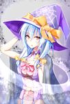  1girl artist_request belt cape female hair_ribbons halloween long_hair original pumpkin red_eyes ribbon silver_hair solo tagme witch witch_hat 