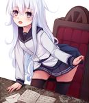  black_legwear blue_eyes blush hibiki_(kantai_collection) kantai_collection long_hair looking_at_viewer open_mouth pantyhose pleated_skirt qunqing school_uniform serafuku silver_hair skirt smile solo verniy_(kantai_collection) 