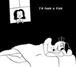  ambiguous_gender bed black_and_white child english_text eye_patch eyewear female fish hair human humor mammal marine monochrome monster protagonist_(undertale) text undertale undyne window young 