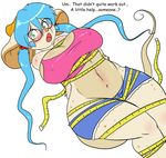  anthro arms_tied big_breasts blue_hair blush bound breasts clothed clothing english_text eyewear female freckles fur glasses green_eyes hair huge_breasts jasmine_(skidd) long_hair mammal mouse navel open_mouth rodent skidd solo tape_measure text thick_thighs white_fur wide_hips 