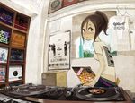  1girl box brown_hair cardboard_box dj fisheye lucky_star mixing_console phonograph ponytail record short_hair solo turntable 
