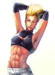  abs armpits arms_behind_head arms_up bad_id bad_pixiv_id blonde_hair blue_eyes crop_top fabulous gloves halter_top halterneck highres male_focus muscle nikaidou_benimaru riko_(k_riko) solo the_king_of_fighters 