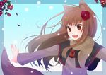  animal_ears bad_id bad_pixiv_id brown_hair chocho_(homelessfox) fang flower hair_flower hair_ornament holo long_hair scarf snow solo spice_and_wolf tail winter wolf_ears wolf_tail 