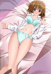  bed bed_sheet blue_eyes blush bra brown_hair dress_shirt groin hair_ornament kagura_yuuto lingerie lying lyrical_nanoha mahou_shoujo_lyrical_nanoha_strikers navel on_back open_clothes open_shirt panties shirt short_hair solo thigh_gap underwear x_hair_ornament yagami_hayate 