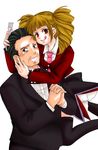  1girl :p beelzebub black_hair brown_hair drill_hair fork formal gouda_toshirou lowres necktie red_eyes stakes_of_purgatory thighhighs tongue tongue_out umineko_no_naku_koro_ni vienetta 