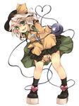  bangs bent_over black_frills black_hat black_legwear buttons collared_shirt diamond_shaped_buttons eyeball eyebrows_visible_through_hair eyes frilled_shirt_collar frilled_sleeves frills full_body green_collar green_eyes green_skirt happy hat hat_ribbon heart heart_of_string komeiji_koishi long_sleeves looking_at_viewer open_mouth ribbon sailor_collar serizawa_mutsuki shirt short_hair silver_hair simple_background skirt smile socks solo standing third_eye touhou wavy_hair white_background wide_sleeves yellow_ribbon yellow_shirt 