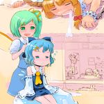  aki_minoriko aki_shizuha alternate_color armpits arms_up bare_shoulders blue_eyes blue_hair bow cirno cosplay daiyousei detached_sleeves face giant giantess green_eyes green_hair hair_bow hair_ornament hair_ribbon hairclip hairdressing hakurei_reimu hakurei_reimu_(cosplay) hands hat heart heart_in_mouth horns ibuki_suika ice icicle large_bow multiple_girls no_nose one_eye_closed orange_hair poster_(object) ribbon saliva side_ponytail sitting sitting_on_object sleeping sleepy smile standing television touhou white_sleeves yst 